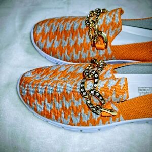 Orange & White Knit Slip-On Sneakers with Gold Chain Accent
